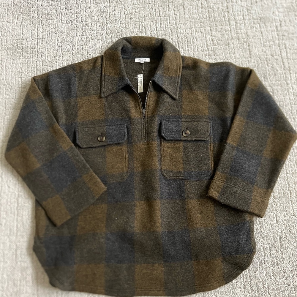 Madewell Boiled Wool Half-Zip Popover Sweater in Buffalo Check